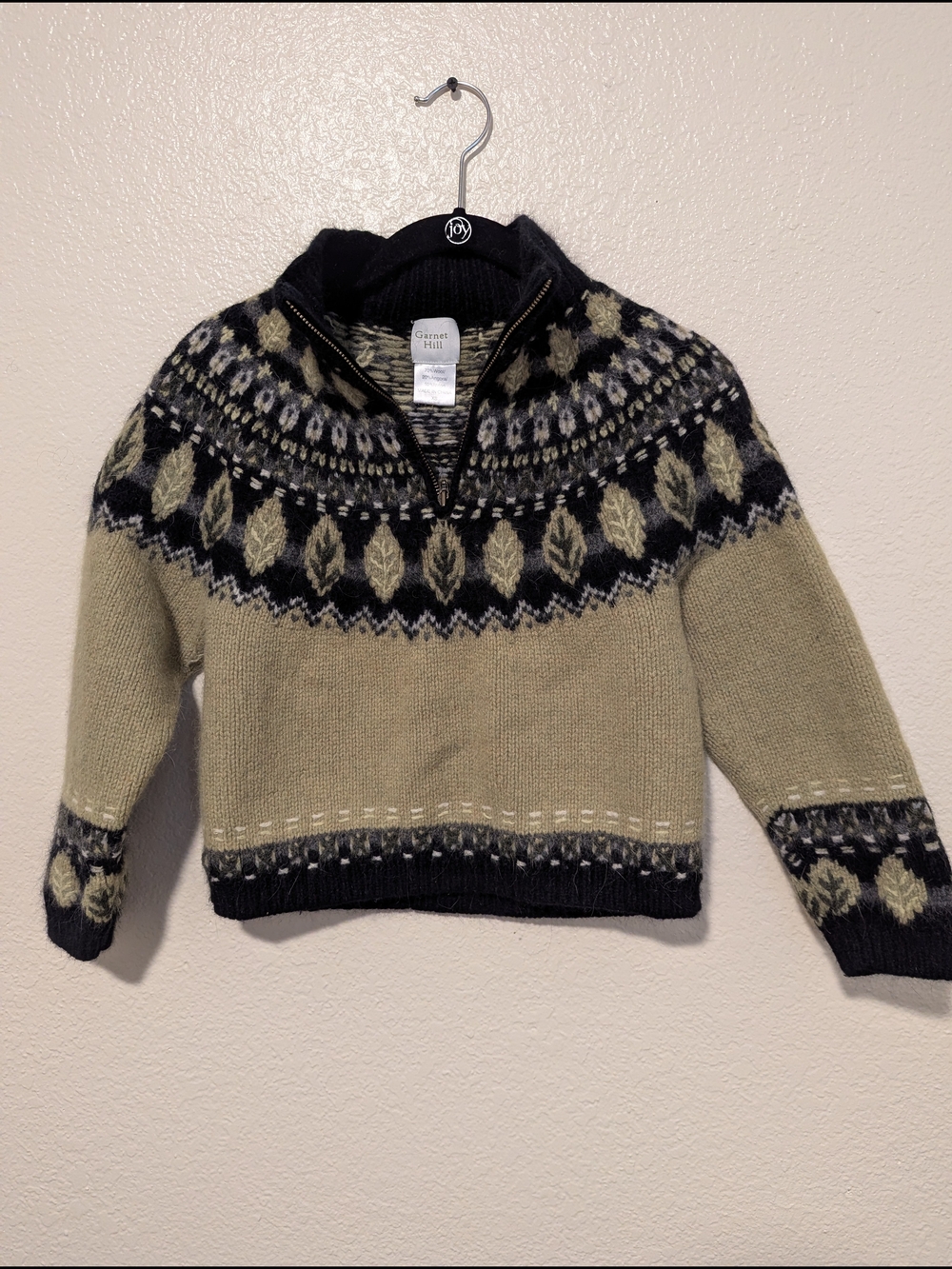 Garnet Hill Black and Cream Fair Isle Zip Sweater